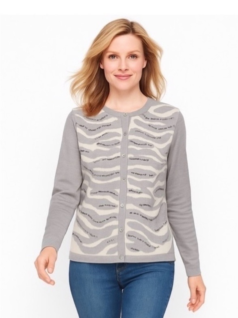 Diane Gilman Silk Cotton Sequin Cardigan Sweater Gray White Zebra Print Size L